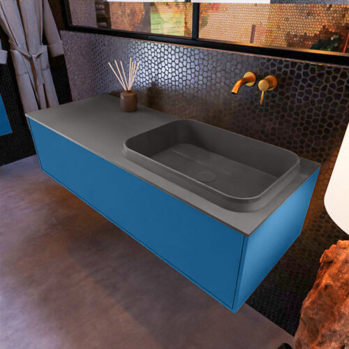 MONDIAZ ERIN 120cm mueble de baño color Jeans 1 cajón. Lavabo RIDGE Derecho sin orificio color Dark Grey.