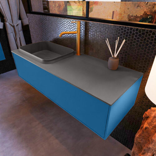 MONDIAZ ERIN 120cm mueble de baño color Jeans 1 cajón. Lavabo RIDGE Izquierda 1 orificio color Dark Grey.