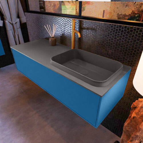 MONDIAZ ERIN 120cm mueble de baño color Jeans 1 cajón. Lavabo RIDGE Derecho 1 orificio color Dark Grey.