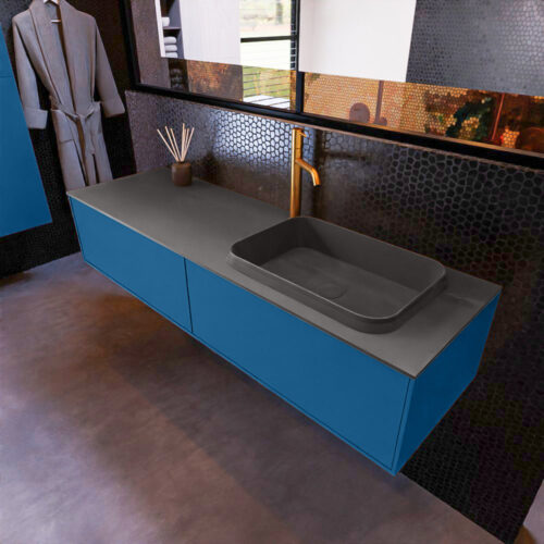 MONDIAZ ERIN 150cm mueble de baño color Jeans 2 cajones. Lavabo RIDGE Derecho 1 orificio color Dark Grey.