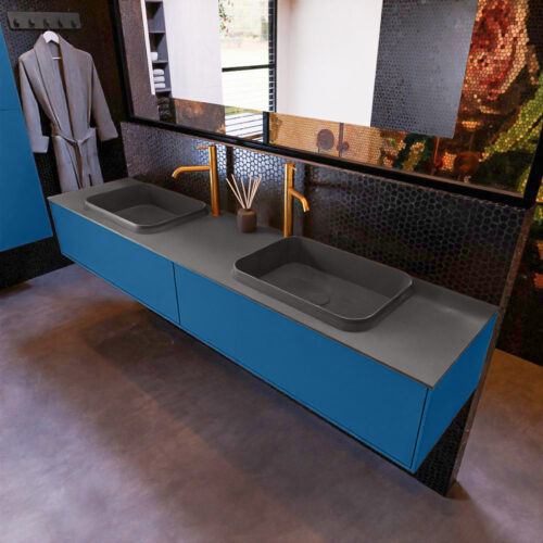 MONDIAZ ERIN 200cm mueble de baño color Jeans 2 cajones. Lavabo RIDGE Doble 2 orificios color Dark Grey.