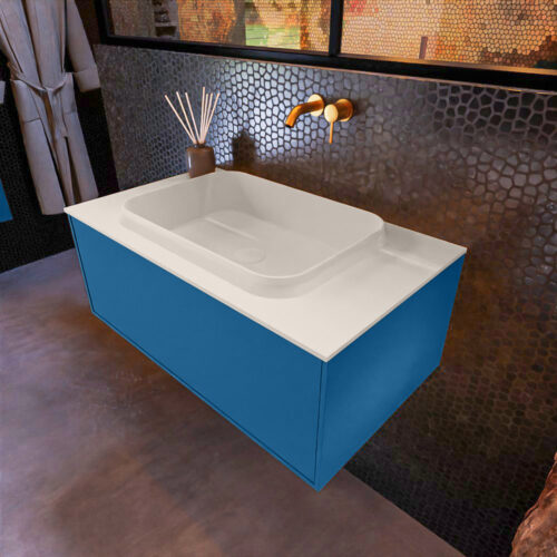 MONDIAZ ERIN 80cm mueble de baño color Jeans 1 cajón. Lavabo RIDGE Centro sin orificio color Linen.