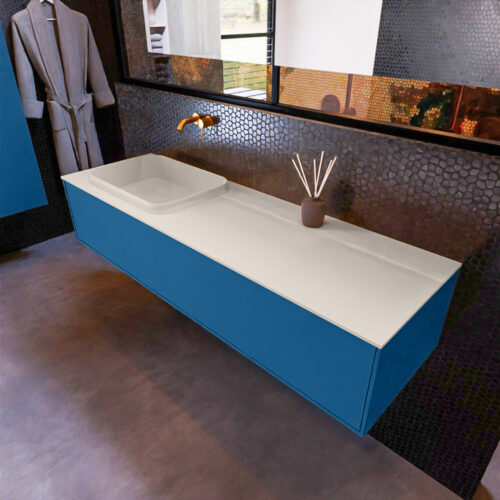 MONDIAZ ERIN 150cm mueble de baño color Jeans 1 cajón. Lavabo RIDGE Izquierda sin orificio color Linen.