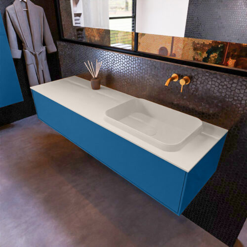 MONDIAZ ERIN 150cm mueble de baño color Jeans 1 cajón. Lavabo RIDGE Derecho sin orificio color Linen.