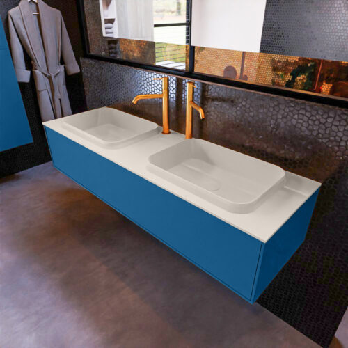 MONDIAZ ERIN 150cm mueble de baño color Jeans 1 cajón. Lavabo RIDGE Doble 2 orificios color Linen.