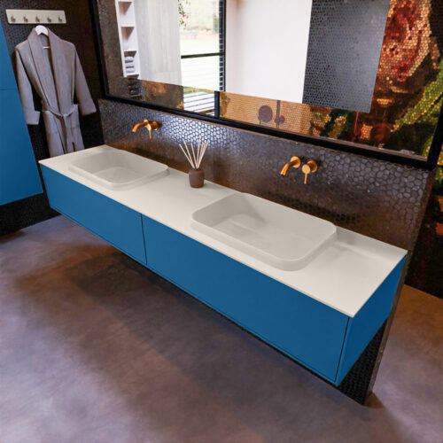 MONDIAZ ERIN 200cm mueble de baño color Jeans 2 cajones. Lavabo RIDGE Doble sin orificio color Linen.