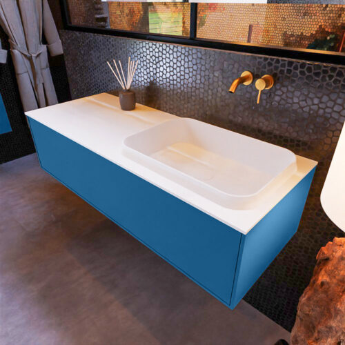 MONDIAZ ERIN 120cm mueble de baño color Jeans 1 cajón. Lavabo RIDGE Derecho sin orificio color Talc.