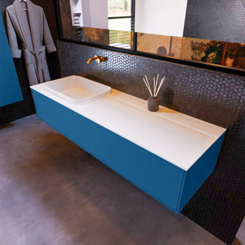 MONDIAZ ERIN 150cm mueble de baño color Jeans 1 cajón. Lavabo RIDGE Izquierda sin orificio color Talc.