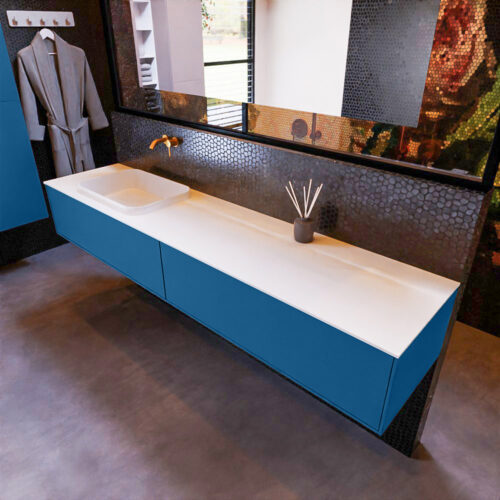 MONDIAZ ERIN 200cm mueble de baño color Jeans 2 cajones. Lavabo RIDGE Izquierda sin orificio color Talc.