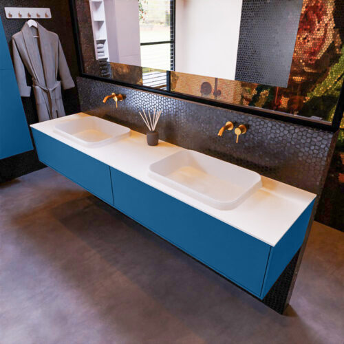 MONDIAZ ERIN 200cm mueble de baño color Jeans 2 cajones. Lavabo RIDGE Doble sin orificio color Talc.