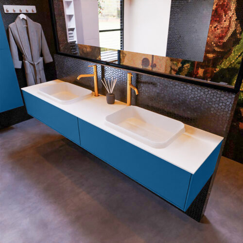 MONDIAZ ERIN 200cm mueble de baño color Jeans 2 cajones. Lavabo RIDGE Doble 2 orificios color Talc.