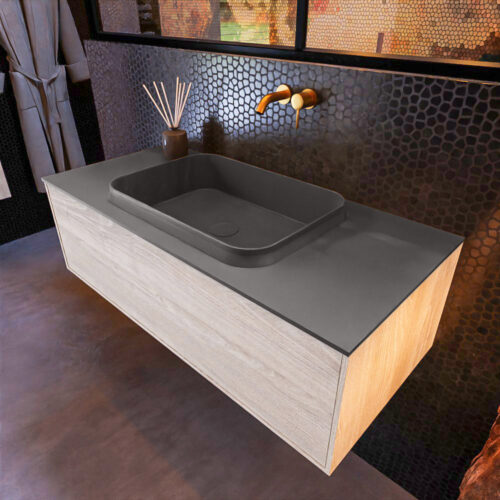 MONDIAZ ERIN 100cm mueble de baño color Light Brown Grey 1 cajón. Lavabo RIDGE Centro sin orificio color Dark Grey.