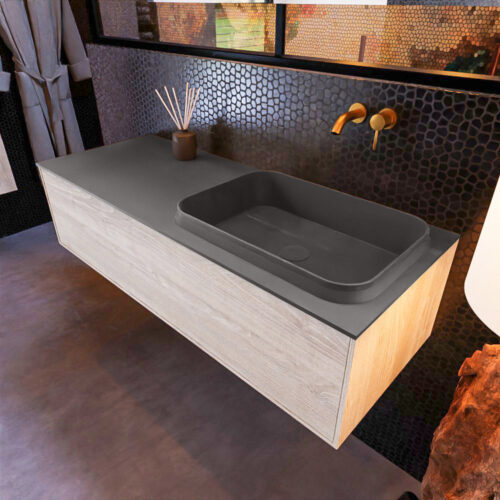 MONDIAZ ERIN 120cm mueble de baño color Light Brown Grey 1 cajón. Lavabo RIDGE Derecho sin orificio color Dark Grey.