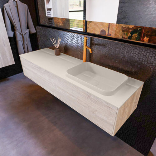 MONDIAZ ERIN 150cm mueble de baño color Light Brown Grey 1 cajón. Lavabo RIDGE Derecho 1 orificio color Linen.