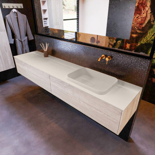 MONDIAZ ERIN 200cm mueble de baño color Light Brown Grey 2 cajones. Lavabo RIDGE Derecho sin orificio color Linen.