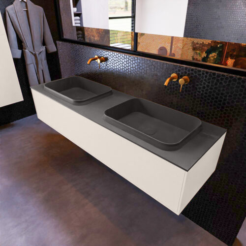 MONDIAZ ERIN 150cm mueble de baño color Linen 1 cajón. Lavabo RIDGE Doble sin orificio color Dark Grey.