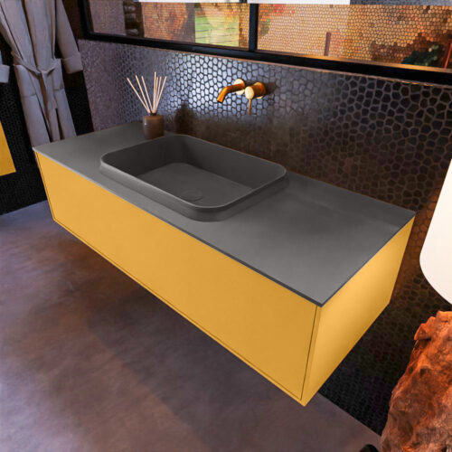 MONDIAZ ERIN 120cm mueble de baño color Ocher 1 cajón. Lavabo RIDGE Centro sin orificio color Dark Grey.