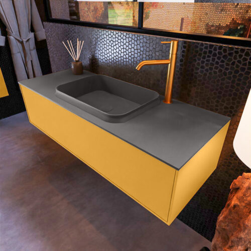 MONDIAZ ERIN 120cm mueble de baño color Ocher 1 cajón. Lavabo RIDGE Centro 1 orificio color Dark Grey.