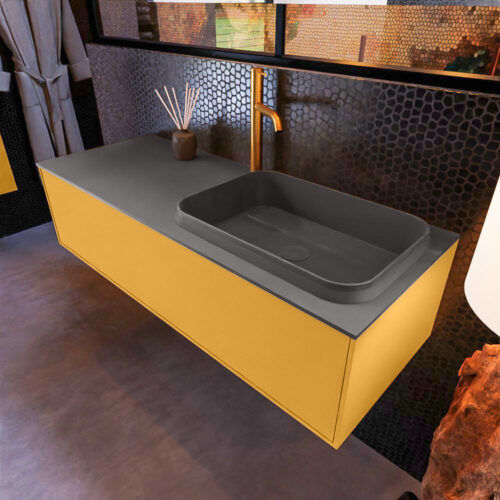 MONDIAZ ERIN 120cm mueble de baño color Ocher 1 cajón. Lavabo RIDGE Derecho 1 orificio color Dark Grey.