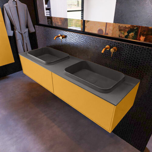 MONDIAZ ERIN 150cm mueble de baño color Ocher 2 cajones. Lavabo RIDGE Doble sin orificio color Dark Grey.