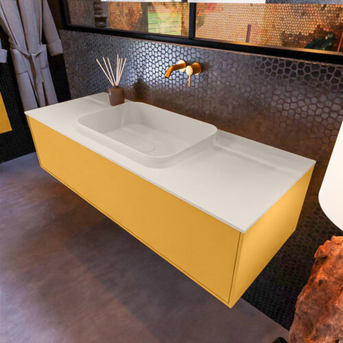 MONDIAZ ERIN 120cm mueble de baño color Ocher 1 cajón. Lavabo RIDGE Centro sin orificio color Linen.