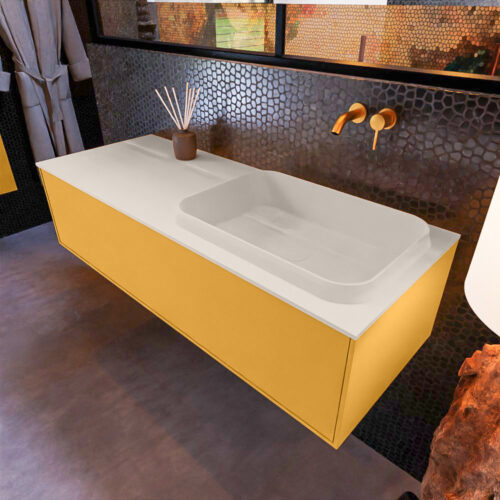 MONDIAZ ERIN 120cm mueble de baño color Ocher 1 cajón. Lavabo RIDGE Derecho sin orificio color Linen.