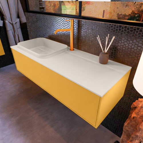 MONDIAZ ERIN 120cm mueble de baño color Ocher 1 cajón. Lavabo RIDGE Izquierda 1 orificio color Linen.