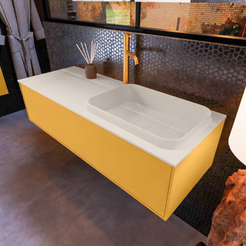 MONDIAZ ERIN 120cm mueble de baño color Ocher 1 cajón. Lavabo RIDGE Derecho 1 orificio color Linen.