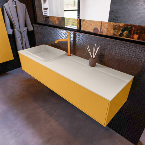 MONDIAZ ERIN 150cm mueble de baño color Ocher 1 cajón. Lavabo RIDGE Izquierda 1 orificio color Linen.