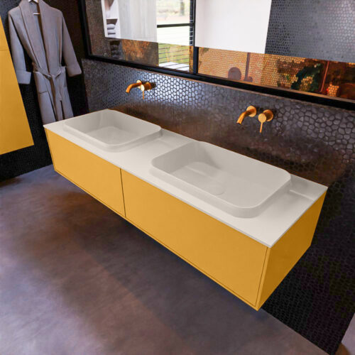 MONDIAZ ERIN 150cm mueble de baño color Ocher 2 cajones. Lavabo RIDGE Doble sin orificio color Linen.