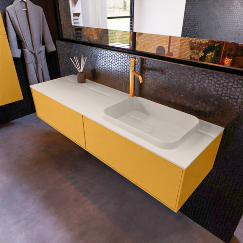 MONDIAZ ERIN 150cm mueble de baño color Ocher 2 cajones. Lavabo RIDGE Derecho 1 orificio color Linen.