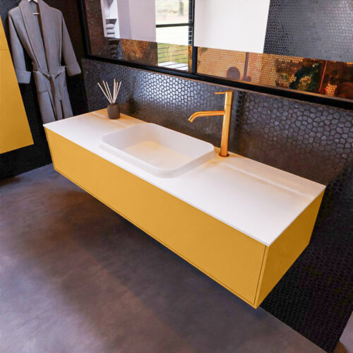 MONDIAZ ERIN 150cm mueble de baño color Ocher 1 cajón. Lavabo RIDGE Centro 1 orificio color Talc.