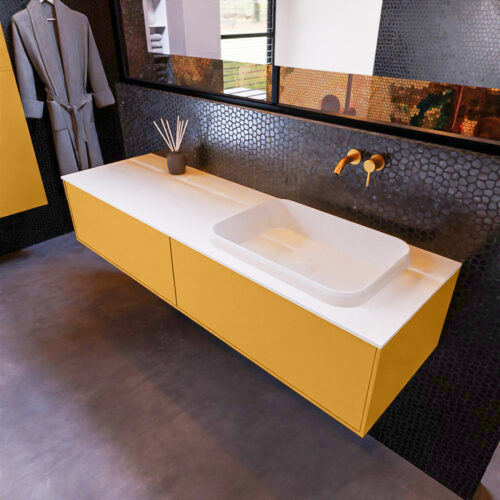 MONDIAZ ERIN 150cm mueble de baño color Ocher 2 cajones. Lavabo RIDGE Derecho sin orificio color Talc.