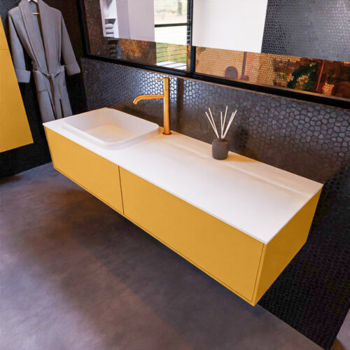 MONDIAZ ERIN 150cm mueble de baño color Ocher 2 cajones. Lavabo RIDGE Izquierda 1 orificio color Talc.