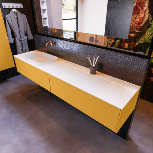 MONDIAZ ERIN 200cm mueble de baño color Ocher 2 cajones. Lavabo RIDGE Izquierda sin orificio color Talc.