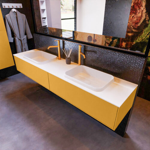 MONDIAZ ERIN 200cm mueble de baño color Ocher 2 cajones. Lavabo RIDGE Doble 2 orificios color Talc.