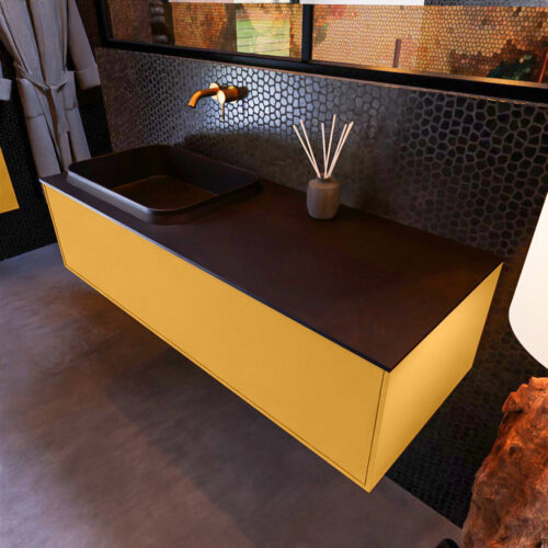 MONDIAZ ERIN 120cm mueble de baño color Ocher 1 cajón. Lavabo RIDGE Izquierda sin orificio color Urban.