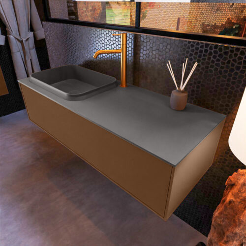 MONDIAZ ERIN 120cm mueble de baño color Rust 1 cajón. Lavabo RIDGE Izquierda 1 orificio color Dark Grey.