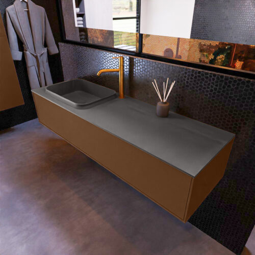 MONDIAZ ERIN 150cm mueble de baño color Rust 1 cajón. Lavabo RIDGE Izquierda 1 orificio color Dark Grey.