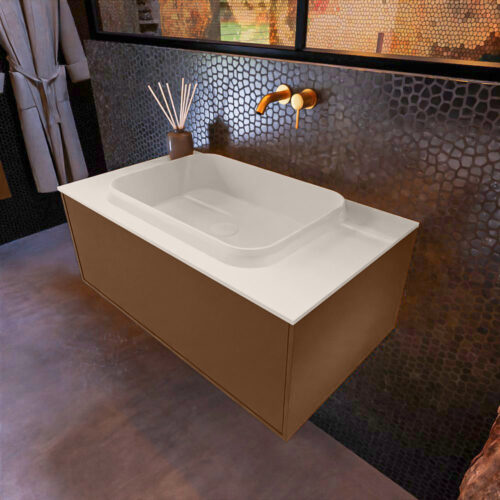 MONDIAZ ERIN 80cm mueble de baño color Rust 1 cajón. Lavabo RIDGE Centro sin orificio color Linen.