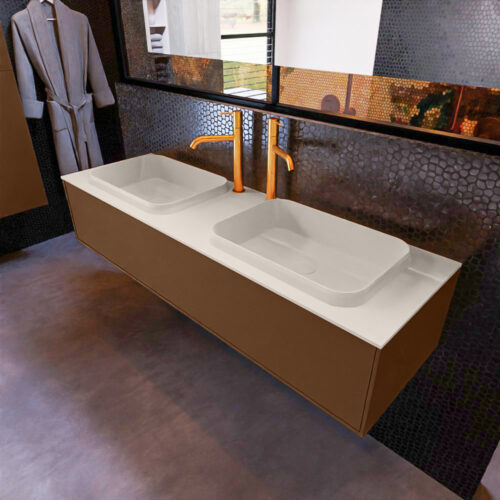 MONDIAZ ERIN 150cm mueble de baño color Rust 1 cajón. Lavabo RIDGE Doble 2 orificios color Linen.