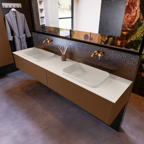 MONDIAZ ERIN 200cm mueble de baño color Rust 2 cajones. Lavabo RIDGE Doble sin orificio color Linen.