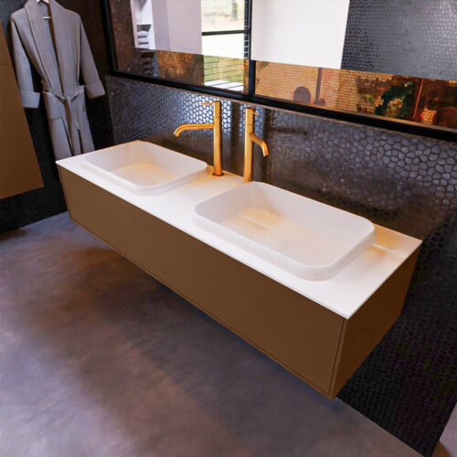 MONDIAZ ERIN 150cm mueble de baño color Rust 1 cajón. Lavabo RIDGE Doble 2 orificios color Talc.