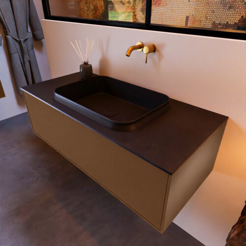 MONDIAZ ERIN 100cm mueble de baño color Rust 1 cajón. Lavabo RIDGE Centro sin orificio color Urban.