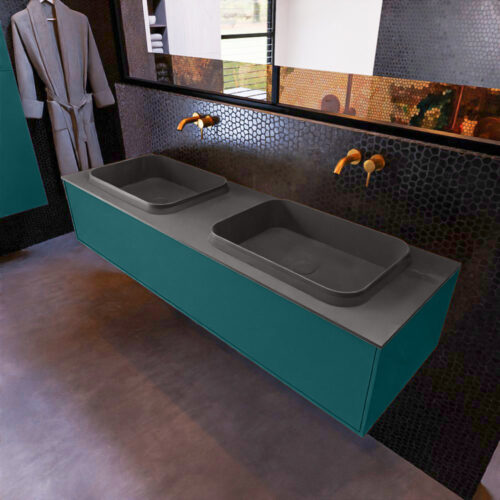 MONDIAZ ERIN 150cm mueble de baño color Smag 1 cajón. Lavabo RIDGE Doble sin orificio color Dark Grey.