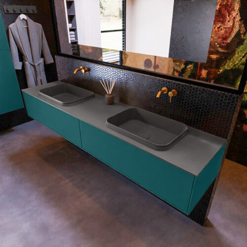 MONDIAZ ERIN 200cm mueble de baño color Smag 2 cajones. Lavabo RIDGE Doble sin orificio color Dark Grey.