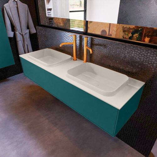 MONDIAZ ERIN 150cm mueble de baño color Smag 1 cajón. Lavabo RIDGE Doble 2 orificios color Linen.