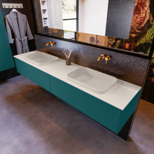 MONDIAZ ERIN 200cm mueble de baño color Smag 2 cajones. Lavabo RIDGE Doble sin orificio color Linen.