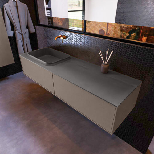 MONDIAZ ERIN 150cm mueble de baño color Smoke 2 cajones. Lavabo RIDGE Izquierda sin orificio color Dark Grey.