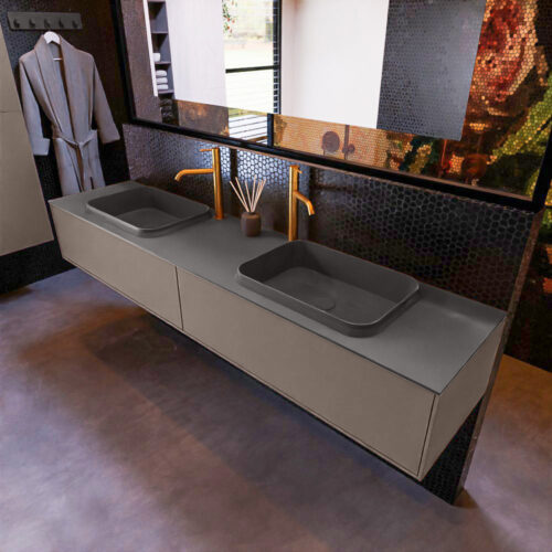 MONDIAZ ERIN 200cm mueble de baño color Smoke 2 cajones. Lavabo RIDGE Doble 2 orificios color Dark Grey.